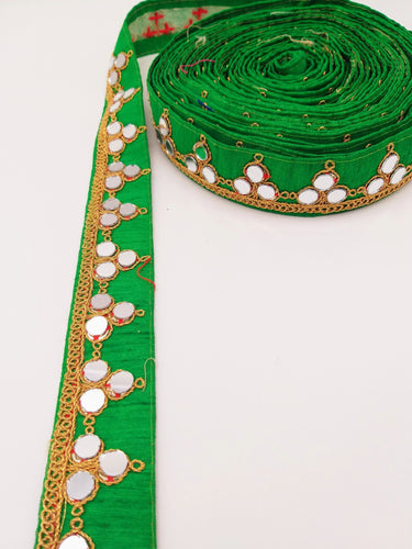 Green Silk Trim With Mirrors Embellishments and Gold Embroidery, Approx. 34mm Wide, Decorative Trim Costume Trim Fashion Trim By Yard